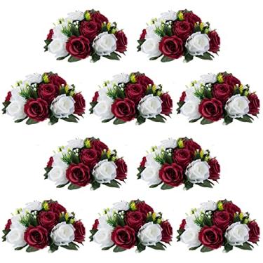 Imagem de NUPTIO Centros de mesa de flores de casamento – 10 peças de 24 cm de diâmetro borgonha e flores artificiais brancas bola rosa para mesa de centro de mesa – arranjos de rosas falsas para decoração de