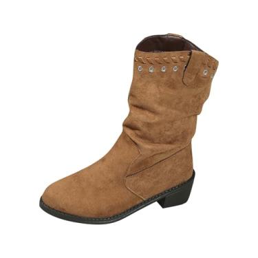Imagem de Botas femininas casuais de inverno material de camurça bico redondo salto bloco altura do tornozelo para uso confortável e diário, Marrom, 35