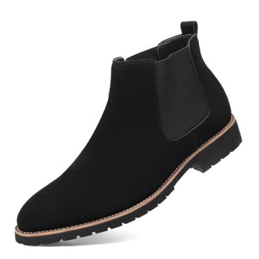 Imagem de Botas masculinas Chelsea de couro de camurça, sem cadarço, com bico redondo, para uso casual e formal, botas masculinas de couro PU, Preto, 40