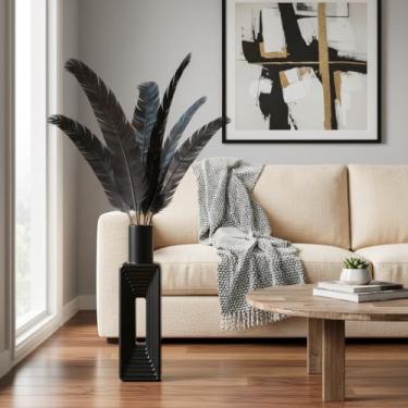 Imagem de Vaso de chão listrado preto, vasos grandes de 61 cm de altura para decoração de casa moderna, vaso retangular de resina alto para decoração de sala de estar e escritório
