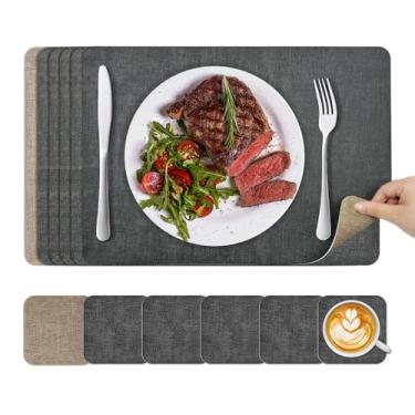 Imagem de KitchenBoss Jogos americanos laváveis e porta-copos conjunto de 6: jogo americano placemat antiderrapante resistente ao calor jogo americano de dupla face limpo com PVC sala de jantar (damasco cinza