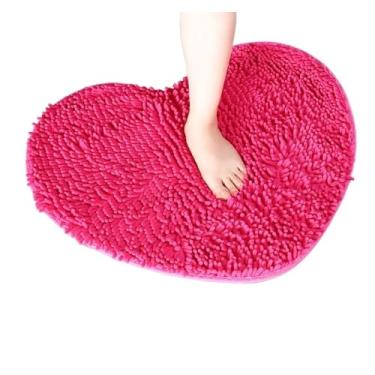 Imagem de Tapete de coração de chenille para banheiro, casa, quarto, banheiro, entrada, antiderrapante, absorvente, conjunto de banheiro (rosa vermelha, 50 x 60 cm)