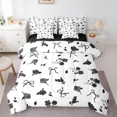 Imagem de Erosebridal Conjunto de edredom solteiro com laço de princesa, laço preto, rosa, floral, 7 peças em uma bolsa, lençóis e fronhas de fantasia, conjunto de cama com laço e nó de fita para decoração de