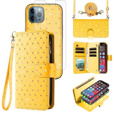 Imagem de Capa carteira compatível com iPhone 12 Pro Max 6,7 com zíper, protetor de tela para celular, alça transversal, flip com glitter, porta-cartões, capa para iPhone 12promax 5G i 12s iPhone12 12pro Promax
