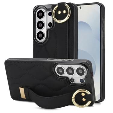 Imagem de Ephoou Capa para Samsung Galaxy S26 Ultra com chaveiro e suporte de pulseira para mulheres e homens, capa à prova de choque de couro PU com alça de dedo para Galaxy S26 Ultra ZHD-preta
