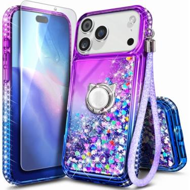 Imagem de Capa NGB projetada para iPhone 17-Pro, roxa/azul | Capa de telefone fofa com glitter líquido brilhante para mulheres e crianças | com protetor de tela de vidro temperado, suporte de anel e cordão de