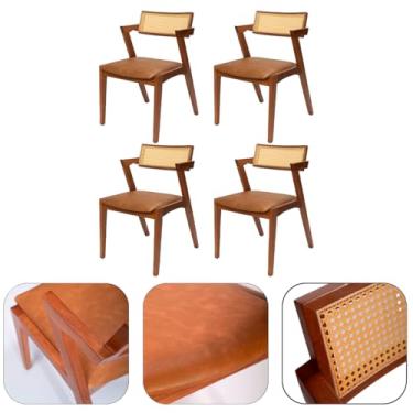 Imagem de Kit 4 Cadeiras de Jantar Estofada Madeira Maciça Com Telinha Rattan Natural Stter (Couro Marrom)