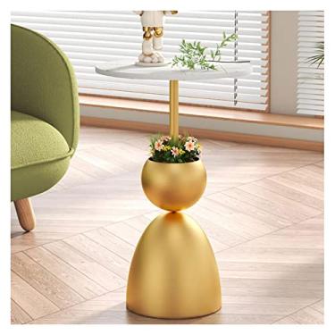 Imagem de Mesa de canto simples e moderna, redonda, pequena mesa lateral com detalhes para decoração de sala de estar, quarto, mesa de pedra com base de metal, mesa lateral de 35 x 55 cm, móveis domésticos