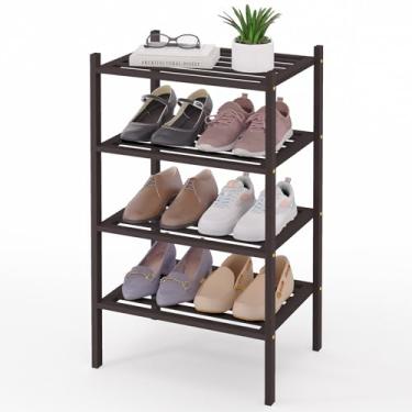 Imagem de Smiry Sapateira de bambu pequena de 4 camadas, organizador de sapatos empilhável de madeira para entrada e armário, prateleira de armazenamento de sapatos de madeira independente para porta da frente