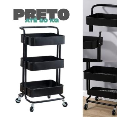 Imagem de Carrinho Organizador Multiuso 3 Prateleiras e Alça Auxiliar Em Aço Com Rodinha Entrega rápida(PRETO)