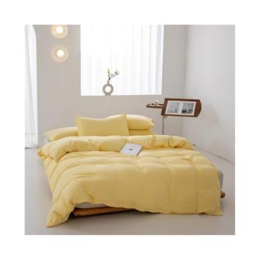 Imagem de Conjunto de cama de algodão lavado de cor pura, super macio, conjunto de 3 peças com fecho de zíper (amarelo, 150 x 200 cm, 3 peças)