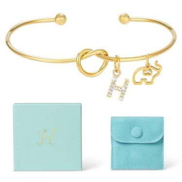 Imagem de COSHAYSOO Pulseira feminina banhada a ouro 14K com berloques de elefante com letra inicial, One Size, Aço inoxidável Aço inoxidável Ouro 14K, Sem Pedra Preciosa