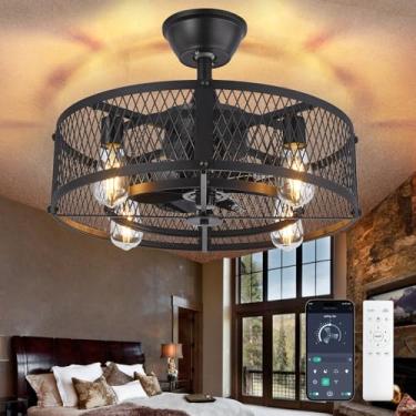 Imagem de Depuley Ventilador de teto enjaulado com luz: 50 cm preto pequeno lustre ventilador de teto com controle remoto - lustre de casa de fazenda com luminária de ventilador para quarto interno de perfil