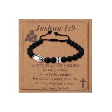 Imagem de Mikovivi Pulseira trançada de futebol americano, pulseiras trançadas esportivas ajustáveis com pingente de futebol americano joia presente ideal para homens, amigos da família, fãs de esportes (preto)