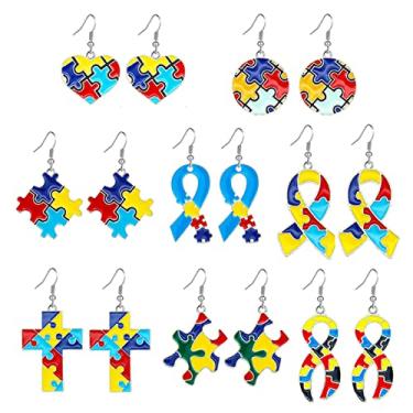 Imagem de SWEETGRJ 8 pares de brincos de quebra-cabeça de autismo para mulheres, meninas, coração esmaltado, quadrado, cruz, redondo, conscientização, autismo, quebra-cabeça, geométrico, gancho, joias, joias,