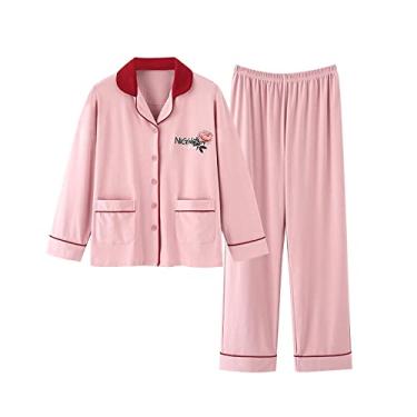 Imagem de HHHJQFAAT Pijama feminino conjunto de pijama feminino outono inverno gola macia roupa de dormir para mulheres (Amt7513 grande)