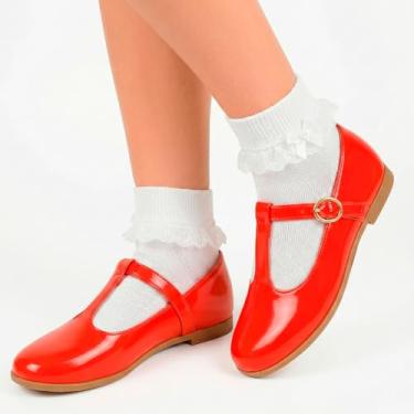 Imagem de Kit Sapatilha Feminina Vintage com Fivela e Meia Social Branca com Renda e Laço Cetim (Vermelha, BR, Adulto, Numérico, 35)