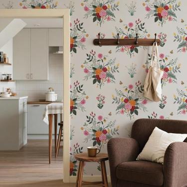 Imagem de Cabbrix Papel de parede vintage descasque e cole papel de parede floral 43 cm x 300 cm Boho neutro papel de parede vinil impermeável autoadesivo para decoração de armário de quarto