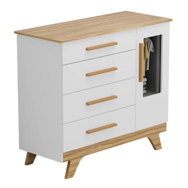 Imagem de Cômoda Infantil Retrô 1 Porta Com Janela E 4 Gavetas Branco Brilho/amêndoa - Móveis Peroba