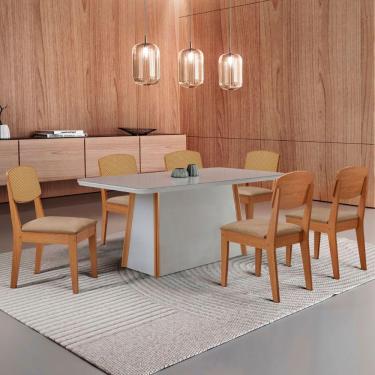 Imagem de Mesa Jantar Diane 180cm Tampo Mdf Vidro 6 Cadeiras Copper Prem Moderna Turim 07 Naturale Serigrafia Off White