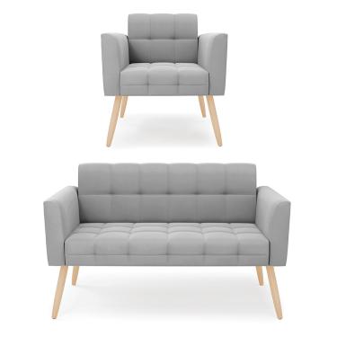 Imagem de Kit 1 Sofá Namoradeira e 1 Poltrona Elisa Suede Cinza Pés Palito Natural D03 - D'Rossi