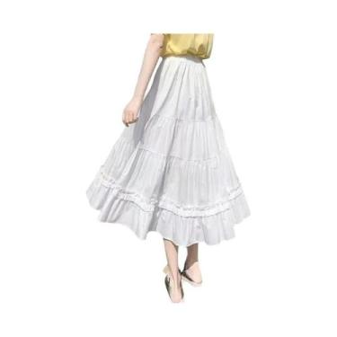 Imagem de Saia Vintage Feminina Branca Em a Com Cintura Elástica, Saia Flare Chi