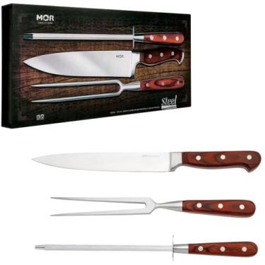Imagem de Faca Garfo Chaira Kit Churrasco Inox Steel Mor 3 peças