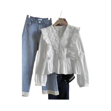 Imagem de Blusa Feminina Casual De Outono Com Renda E Babados Em Cor Sólida, Man