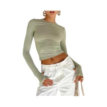 Imagem de Camiseta Cropped Feminina Slim Fit De Manga Longa Com Gola Redonda E A