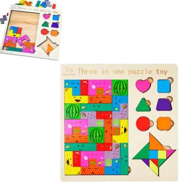 Imagem de Tetris Madeira Brinquedo Educativo Jogo Combinação De Peças - PUZZLE T