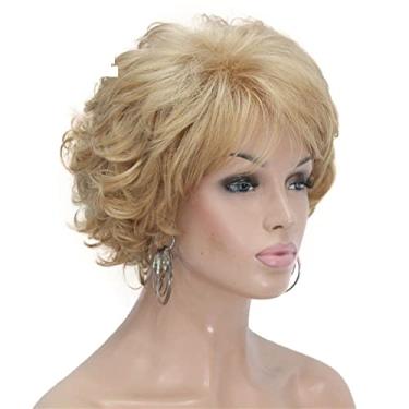 Imagem de Perucas femininas de cabelo sintético curto encaracolado castanho escuro peruca feminina grossa para perucas de cabelo humano diário (cor: 24B loiro dourado, comprimento esticado: 20 cm)