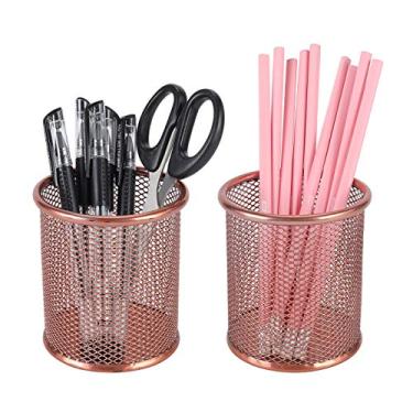 Imagem de Porta-lápis PAG dourado rosa, organizador de caneta de metal, suporte de pincel para mesa, conjunto de 2