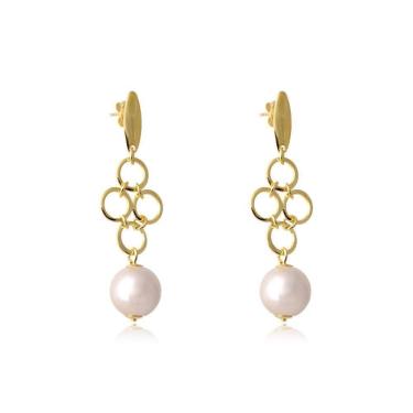 Imagem de Brinco Grande De Fio Com Circulo Dourado E Pérola Folheado Em Ouro 18k