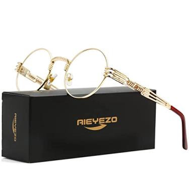 Imagem de AIEYEZO Óculos de sol redondos Steampunk para homens e mulheres, armação de metal, lentes 100% bloqueadoras de UV (ouro/transparente)