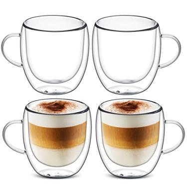 Imagem de Canecas de vidro cappuccino, conjunto de 4 canecas de café de parede dupla conjunto de canecas de vidro, copos de café de vidro isolado com alça, canecas de vidro transparente para latte, cappuccino, saquinho de chá, suco (250 ml)