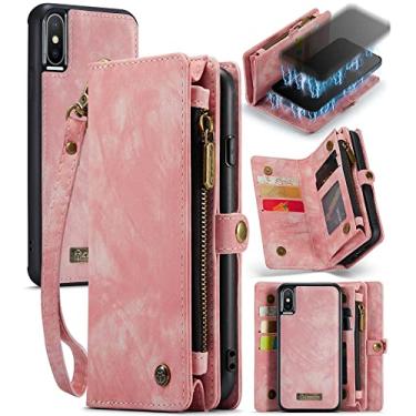 Imagem de ZORSOME Capa carteira para iPhone Xs/X, 2 em 1 destacável couro premium PU com 8 compartimentos para cartões, bolsa magnética com zíper, alça de pulso para mulheres, homens, meninas, rosa