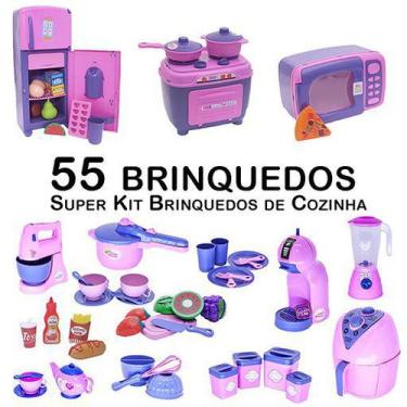 Imagem de Kit Infantil Comida Geladeira Fogão Microondas Panela 55P - Zuca Toys