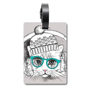 Imagem de Fone de ouvido chapéu de lã branco proteção de gato saco de viagem etiqueta etiqueta cartão de bagagem pendurado Scutcheon etiqueta