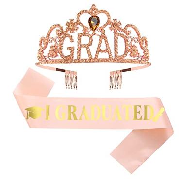 Imagem de GotGala Artigos de festa de formatura 2022 ouro rosa tiara coroa de princesa graduação e faixa de manchas graduadas para meninas estudantes universitários para 2022 lembranças de decorações de festa de formatura