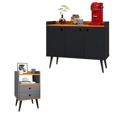 Imagem de Kit Cozinha Cantinho Café Aparador Buffet Decoração Sala Quarto Mesinha Cabeceira Mesa Lateral 2 Gavetas Retrô - RPM Móveis