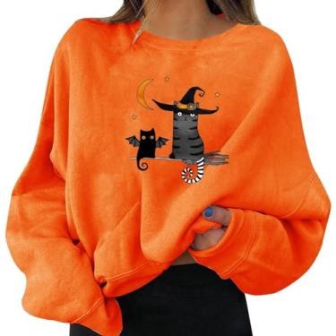 Imagem de Moletom feminino com estampa de Halloween, gola redonda, pulôver, tops, camisas casuais de manga comprida, blusa solta/386 (Color : A08-orange, Size : X-Large)
