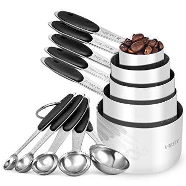 Imagem de Conjunto de copos e colheres medidoras: U-Taste 18/8 aço inoxidável 10 peças empilhamento de metal cozinha cozimento conjunto de medidas 5 xícaras 5 colheres com juntas de solda reforçadas (preto, versão atualizada)