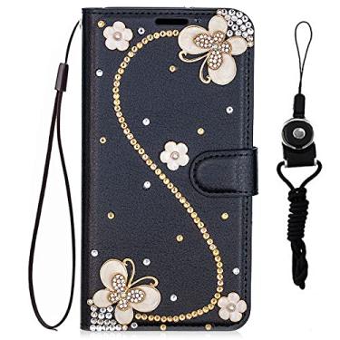 Imagem de HFICY Capa de telefone brilhante com 2 pacotes de protetor de tela de vidro e cordão, capa de telefone carteira feminina de couro brilhante para mulheres (para iPhone 7/iPhone 8, flores de borboletas)