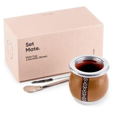 Imagem de thebmate [Tiny Mate Conjunto Premium Yerba Mate Xícara de Chá de Cerâmica Artesanal - Couro Marrom Embrulhado Feito à Mão no Uruguai - Conjunto Mate Tiny com Palha Bombilla Prata Alemã e Escova de