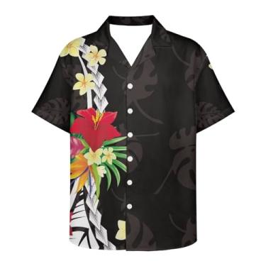 Imagem de Gzzxiailg Camisas masculinas descoladas havaianas de manga curta com botões tropicais de verão e férias, Estampa Polinésia, PP