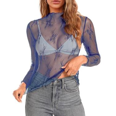 Imagem de Camisetas femininas de renda de malha transparente top sexy para sair verão plus size lindo bordado transparente blusa cropped floral, 017 Azul, G