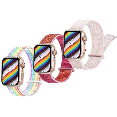 Imagem de Pacote com 3 pulseiras esportivas compatíveis com Apple Watch de 42 mm, 44 mm, 45 mm, 49 mm, pulseira trançada elástica de nylon para iWatch Ultra Series SE/SE2/8/7/6/5/4/3/2/1 para meninos e meninas, rosa + arco-íris + pomered