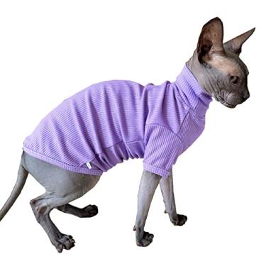 Imagem de Camiseta de gatos Sphynx com gola rolê de algodão pulôver gatinho camisetas com mangas pijama de gato macacão para Sphynx Cornish Rex, Devon Rex, Peterbald (grande (pacote com 1), roxo)