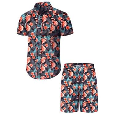Imagem de Runcati Conjunto masculino havaiano de manga curta, 2 peças, casual, com botões, estampa floral, camisa de praia e shorts, Preto, G