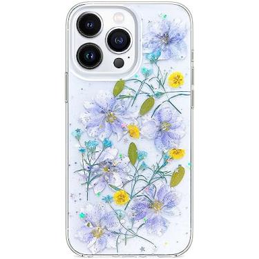 Imagem de Abbery Capa de flores prensadas para iPhone 14 Pro de 6,1 polegadas, linda capa brilhante brilhante transparente com design de borracha TPU de silicone macio seca verdadeira floral estética para mulheres e meninas (roxo amarelo)